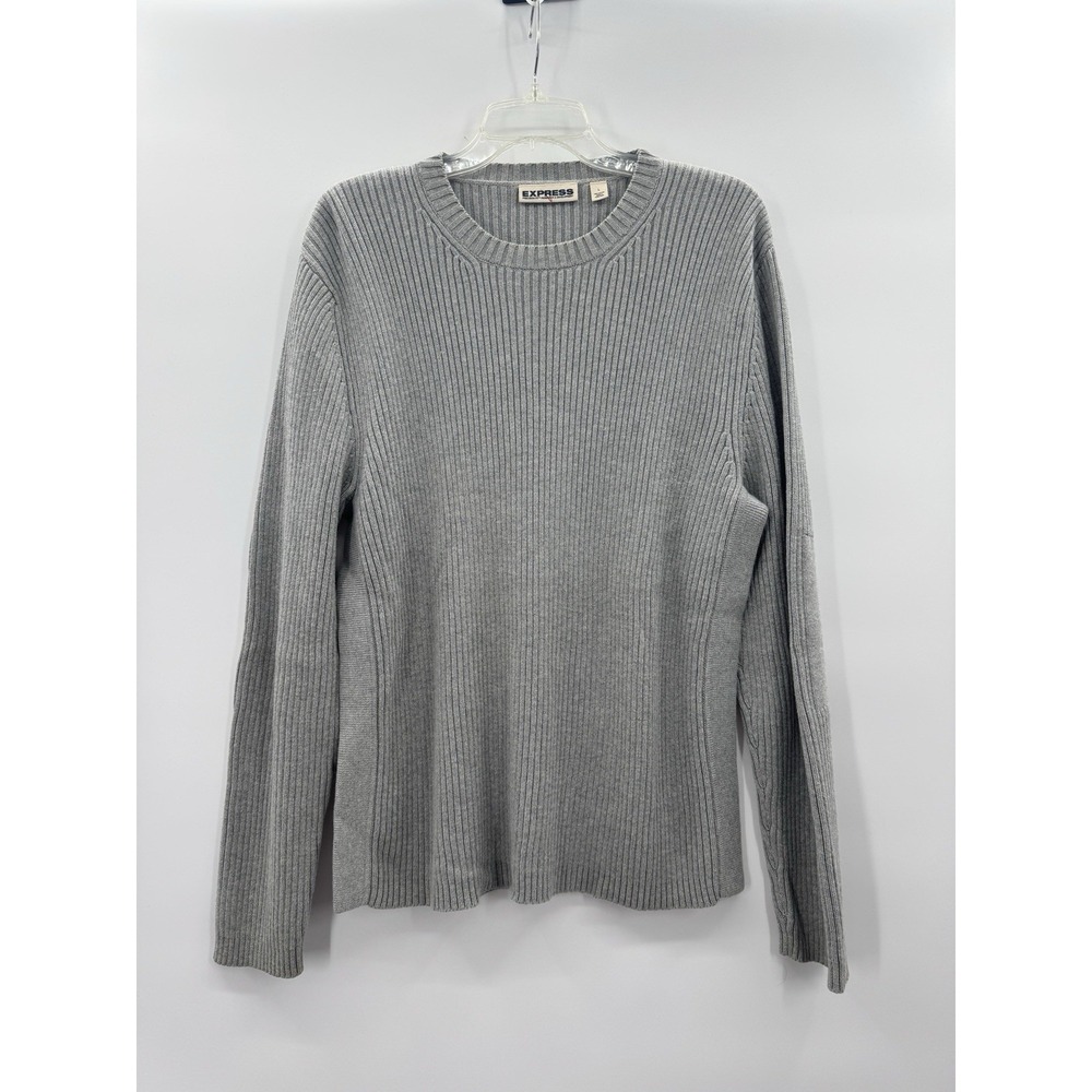 VTG Y2K Express Mens Large Gray Ribbed Sweater Cotton Streetwear Fisherman Prep